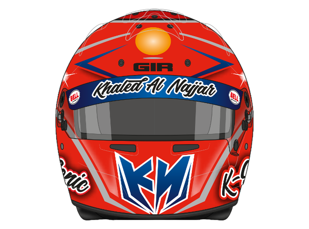 Red and blue KN livery helmet, front view