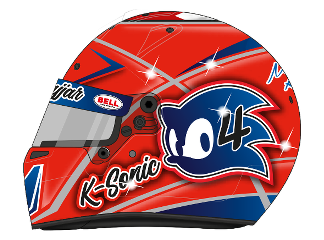 Red and blue K-Sonic livery helmet, side view