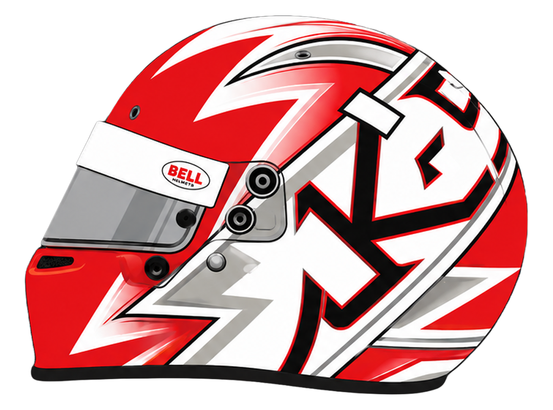 Red and white KN livery helmet, side view