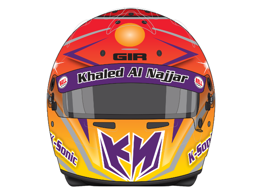 Orange and purple KN livery helmet, front view